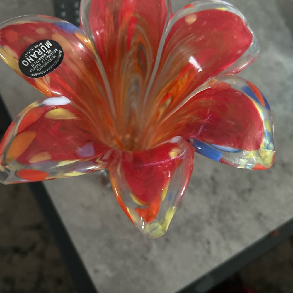Murano Glass Flower Art Piece - Red and Orange